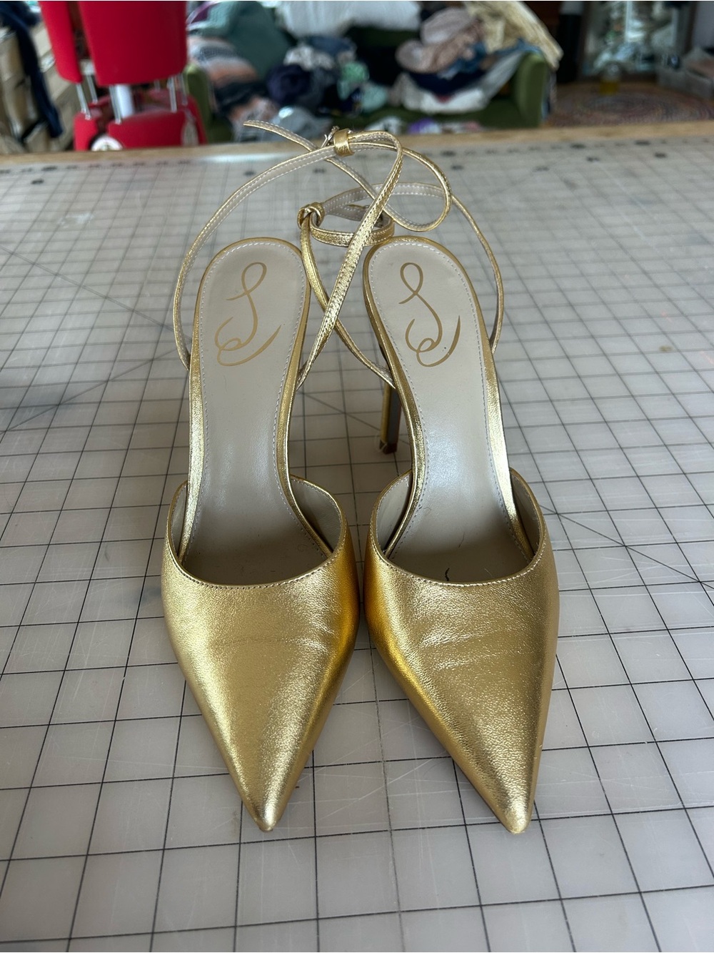 Gold Pointed-Toe Lace-Up Heels